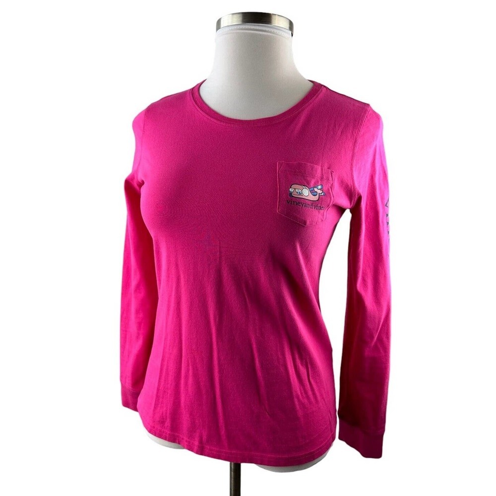 Vineyard Vines Long Sleeve Snow Bunny Whale Pocket Tee Pink Shirt Women's Small - Picture 11 of 14